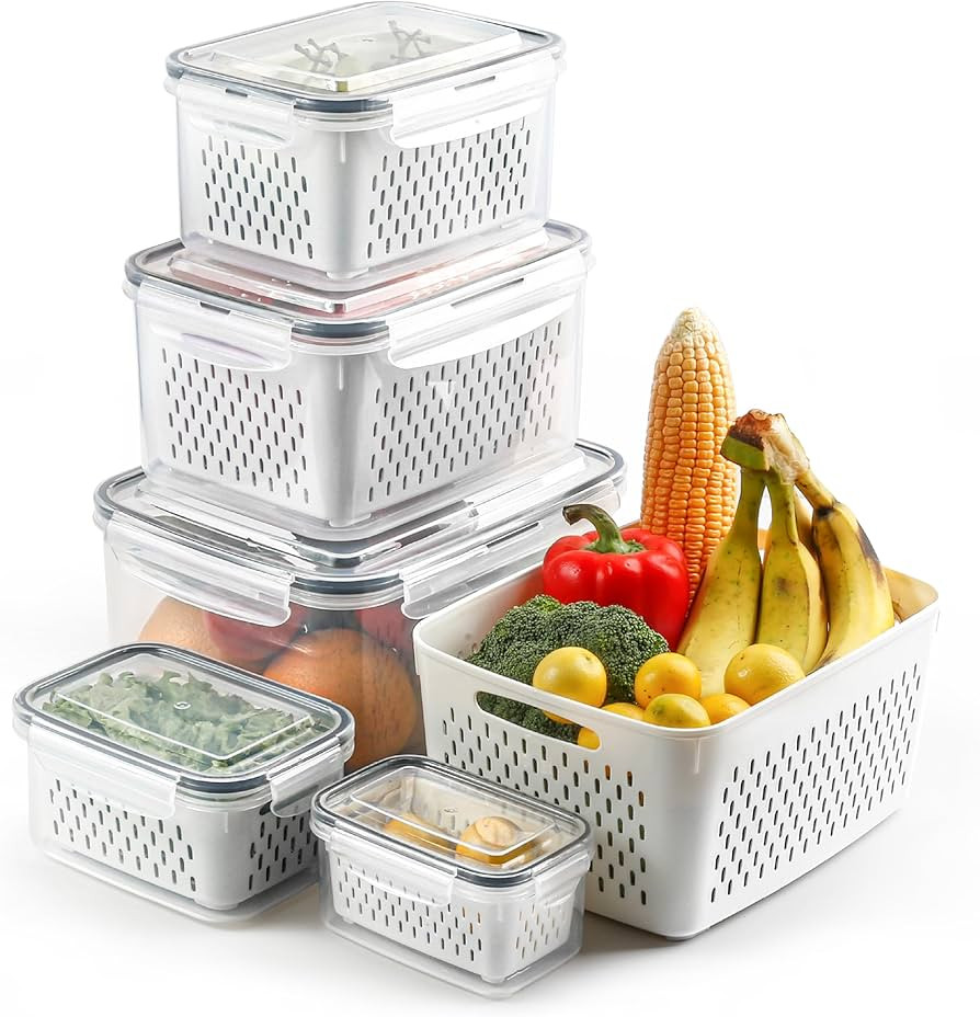 5 Set Fruit Storage Containers for Fridge with Colanders Dishwasher Safe, Leakproof Fruit and Veg... | Amazon (US)