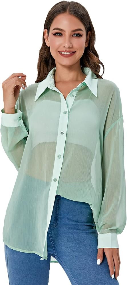 SweatyRocks Women's Casual Chiffon Sheer Blouse Bishop Sleeve Collar Button Down Loose Shirts Top... | Amazon (US)