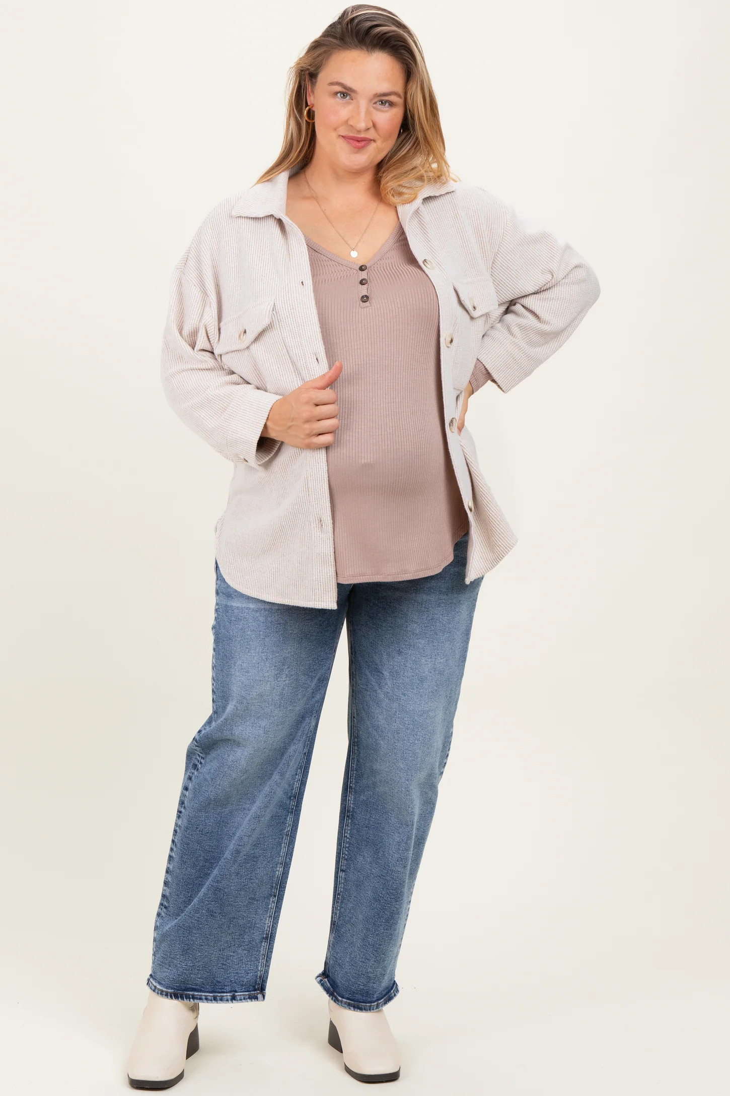 Brown Brushed Knit Maternity Plus Shirt Jacket | PinkBlush Maternity