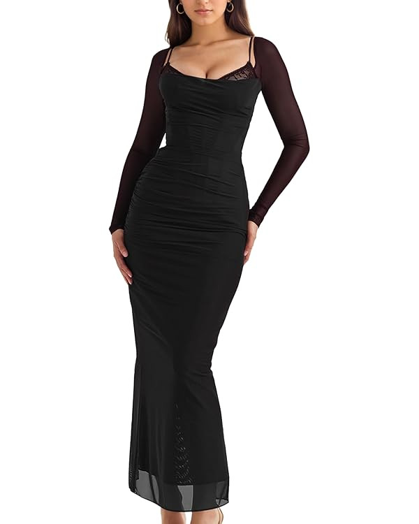 Women Sexy Backless Satin Maxi Long Sleeve Dresses Floral Print Dresses Slim Fit Elegant Long Dre... | Amazon (US)