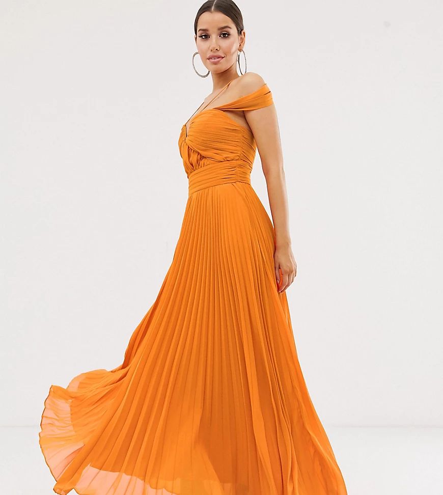 Forever Unique Exclusive cold shoulder maxi gown with pleated skirt in orange | ASOS (Global)