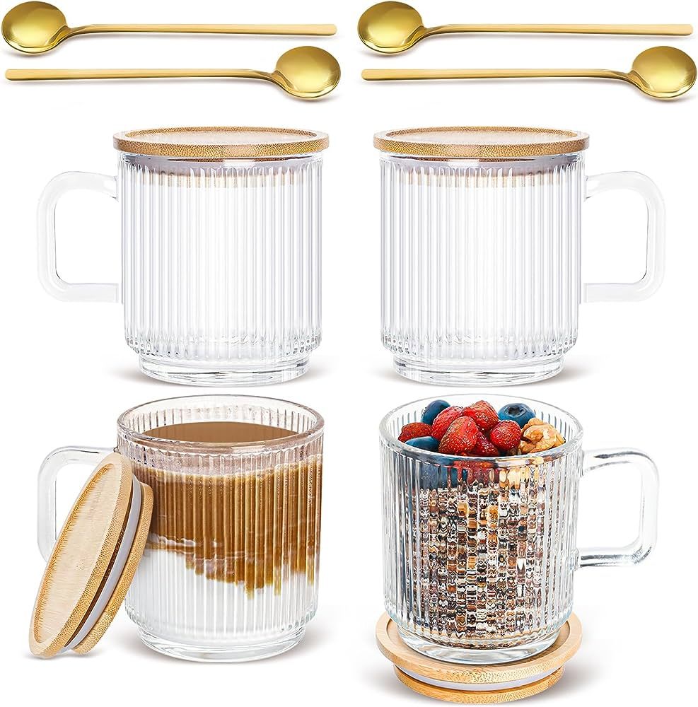 Set of 4 Glass Coffee Mugs with Bamboo Lids and Spoons, 12oz Vintage Ribbed Glassware for Latte, ... | Amazon (US)