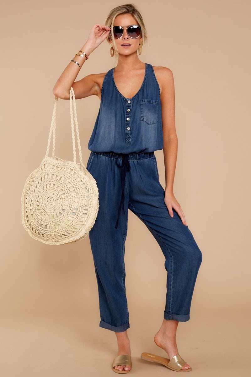 Walk Tall Dark Chambray Blue Jumpsuit (BACKORDER 3/10) | Red Dress 