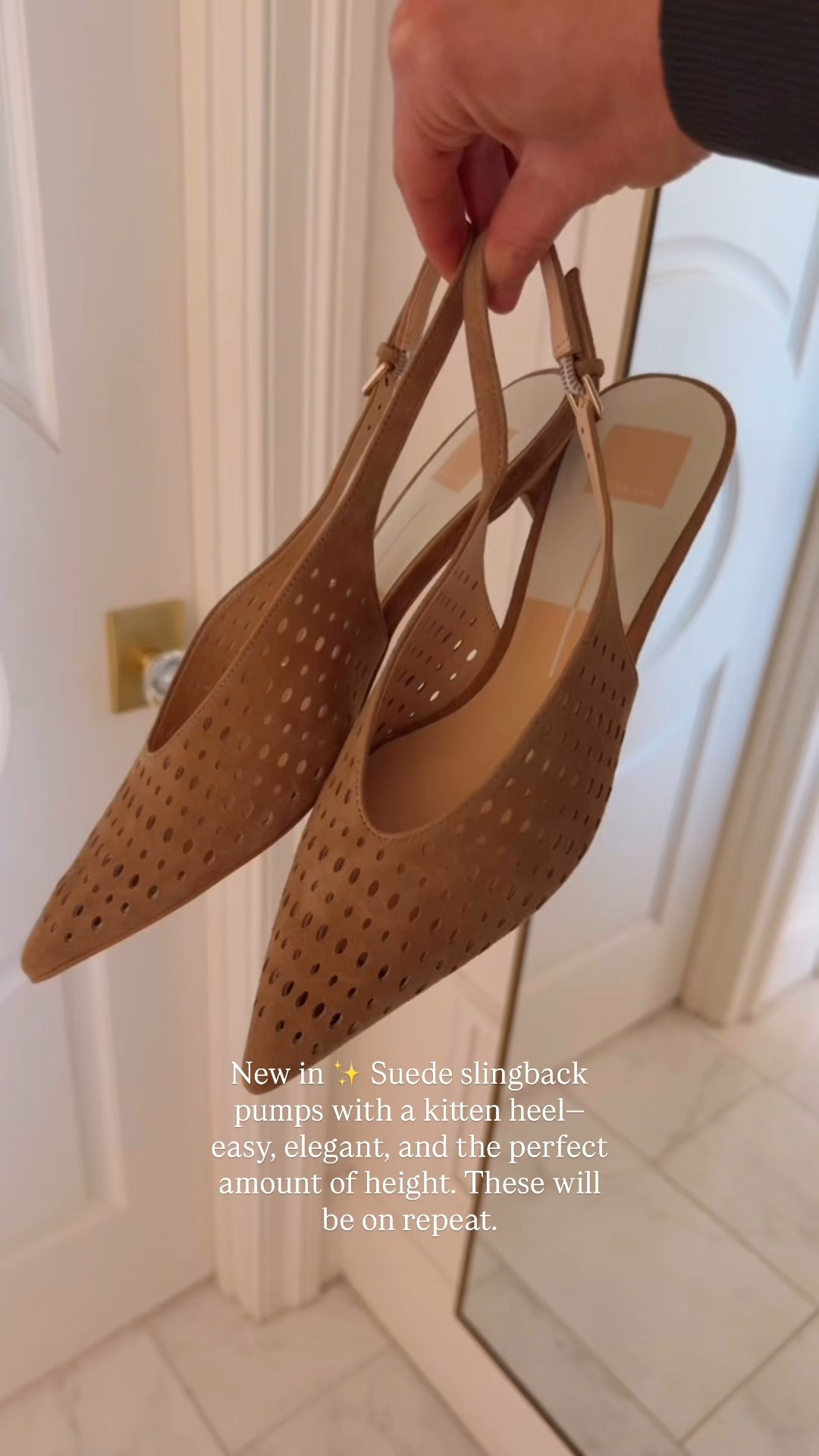 New in ✨ Suede slingback pumps with a kitten heel—easy, elegant, and the perfect amount of height. These will be on repeat.