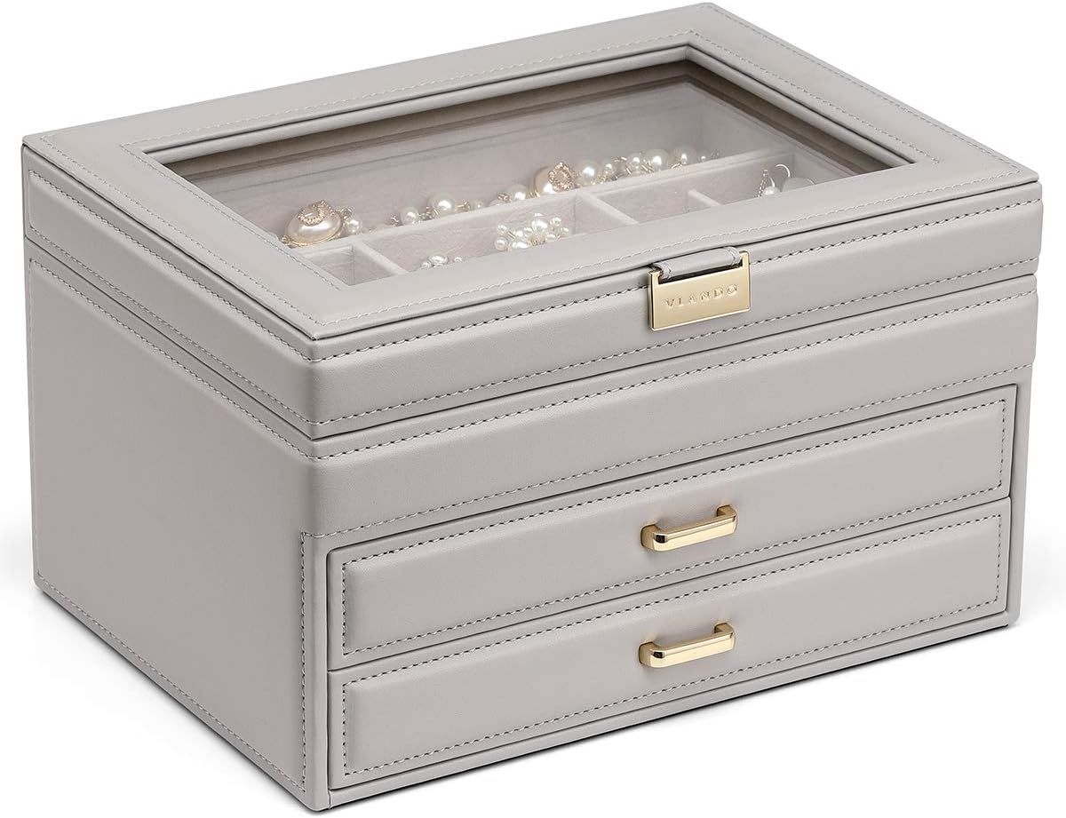 Vlando Jewelry Organizer Box for Girls Women, 3 Layer Large Jewelry Boxes with 2 Drawers, Glass L... | Amazon (US)
