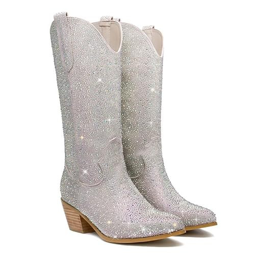 GOSERCE Silver Rhinestone Cowboy Boots Silver Rhinestone Boots Silver Cowgirl Boots Sparkly rhinestone Boots Silver Rhinestone Cowgil Boots Silver,9 | Amazon (US)
