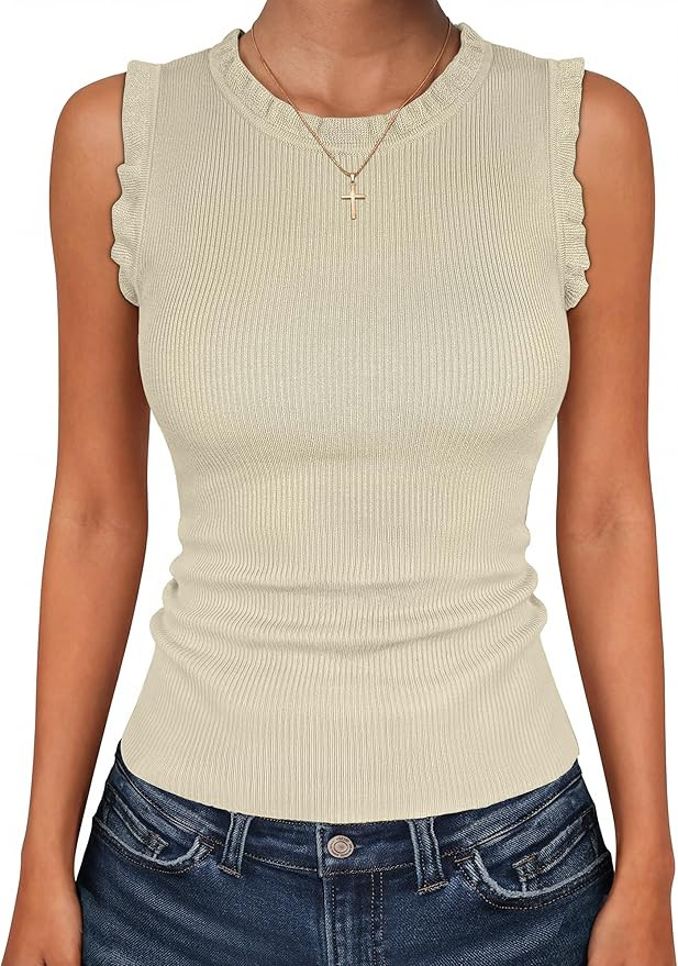 ANRABESS Ribbed Tank Tops for Women Crew Neck Ruffle Sweater Vest Cute Sleeveless Shirts 2026 Sum... | Amazon (US)