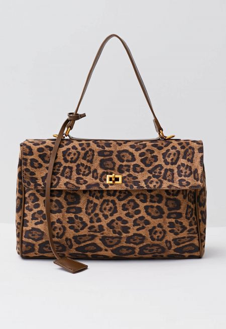 Turnlock Spliced Faux Suede Tote Bag in Leopard | Chicwish
