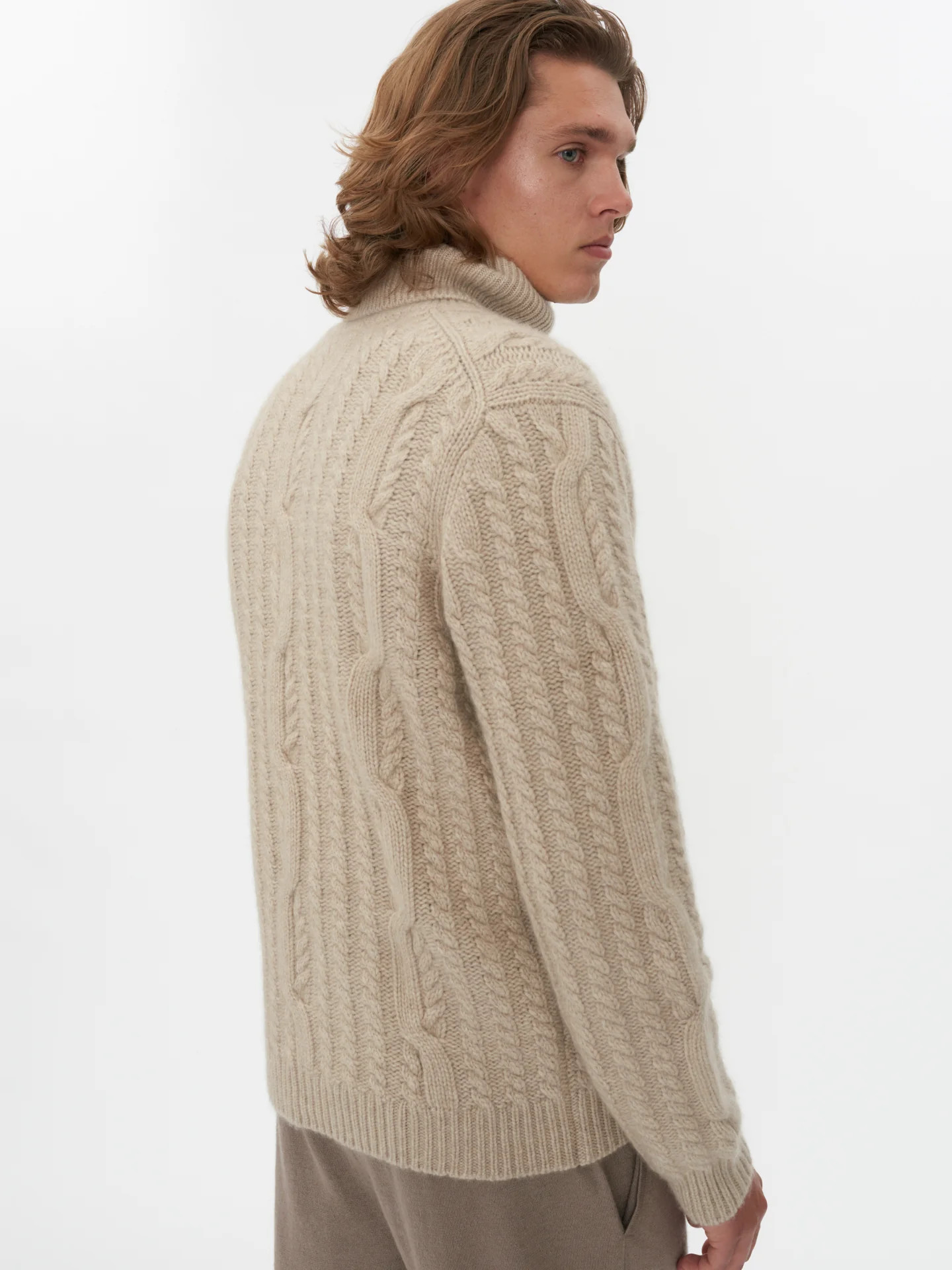 Men's Cashmere Cable Turtle Neck Taupe - Gobi Cashmere | Gobi Cashmere