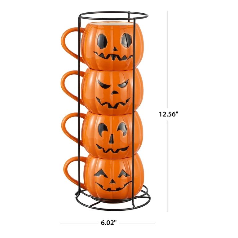 Halloween 13-Ounce Orange Pumpkin Stoneware Stackable Mug Set with Iron Rack, by Way To Celebrate | Walmart (US)