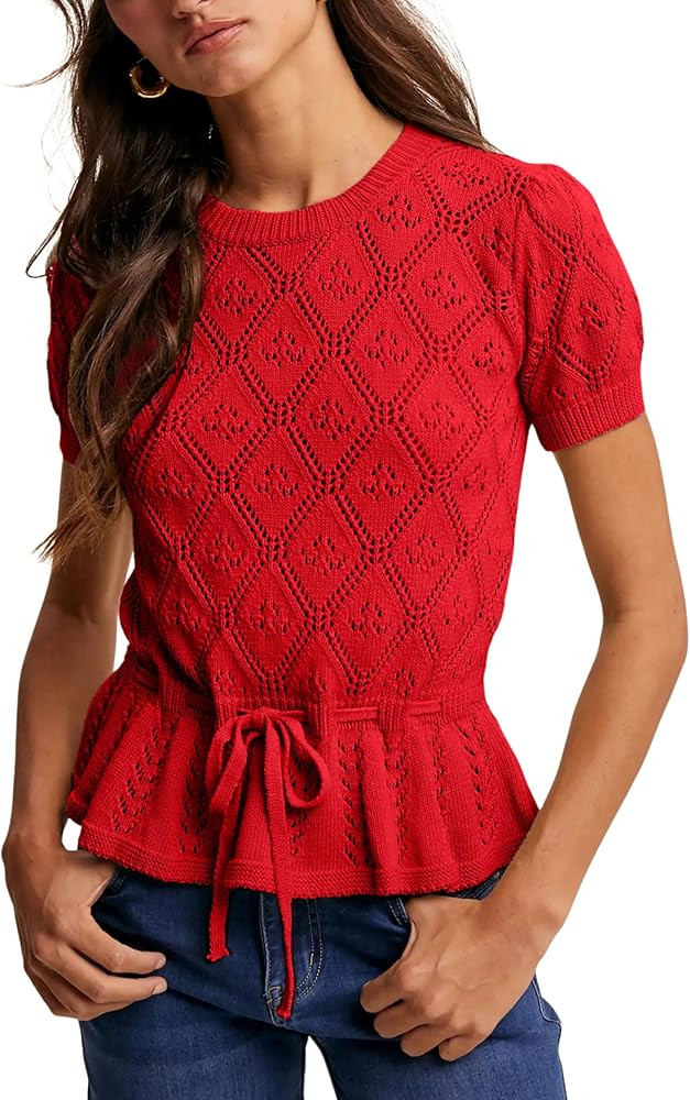 Bianstore Womens Casual Short Sleeve Crochet Knit Sweater Lightweight Hollow Out Tie Front Peplum... | Amazon (US)