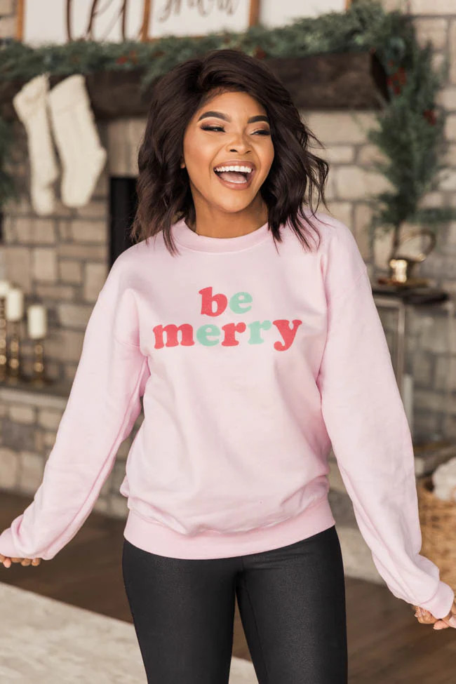 Be Merry Multi Graphic Pink Sweatshirt | The Pink Lily Boutique