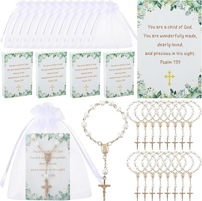 Quelay 50 Sets Baptism Favors Set Mini Rosaries Baptism Rosary Beads Faux Pearls with Cross Psalm... | Amazon (US)