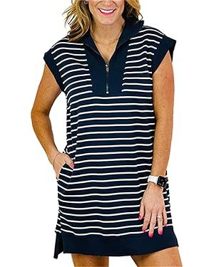 Women's Summer Half Zip Ribbed Knit Mini Dresses V Neck Cap Sleeve Striped Pullover Tunic Dress w... | Amazon (US)