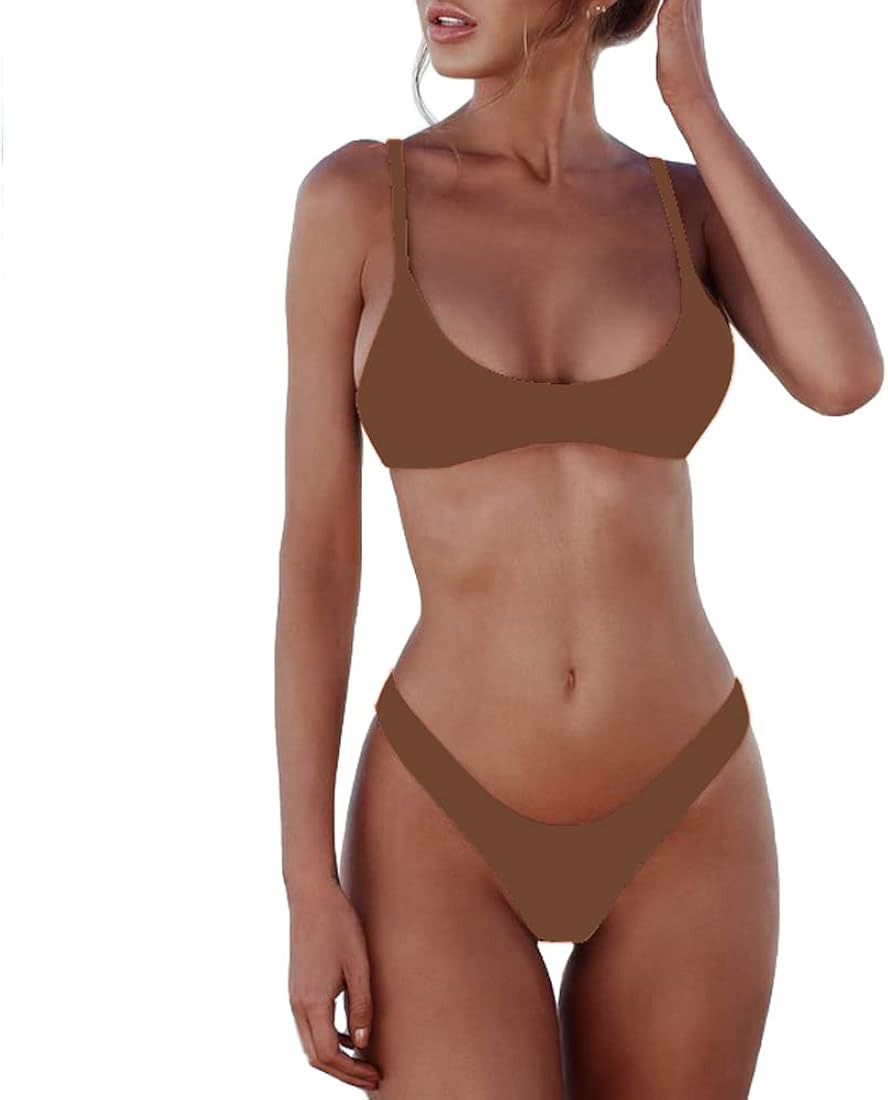 SherryDC Women's Solid Scoop Neck Push Up Padded Brazilian Thong Bikini Swimsuit Bathing Suit | Amazon (US)