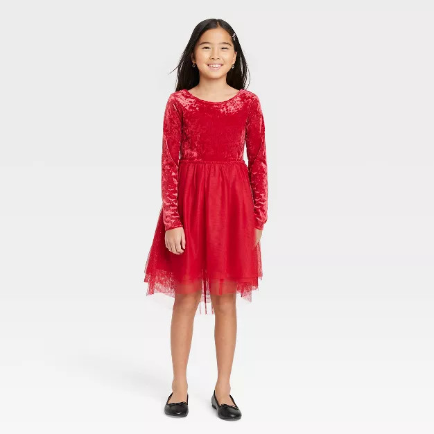 Girls' Long Sleeve Velvet Tulle Dress - Cat & Jack™ | Target