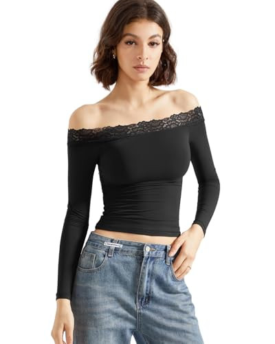 SUUKSESS Women Off Shoulder Double Lined Long Sleeve Shirts Basic Going Out Tops | Amazon (US)