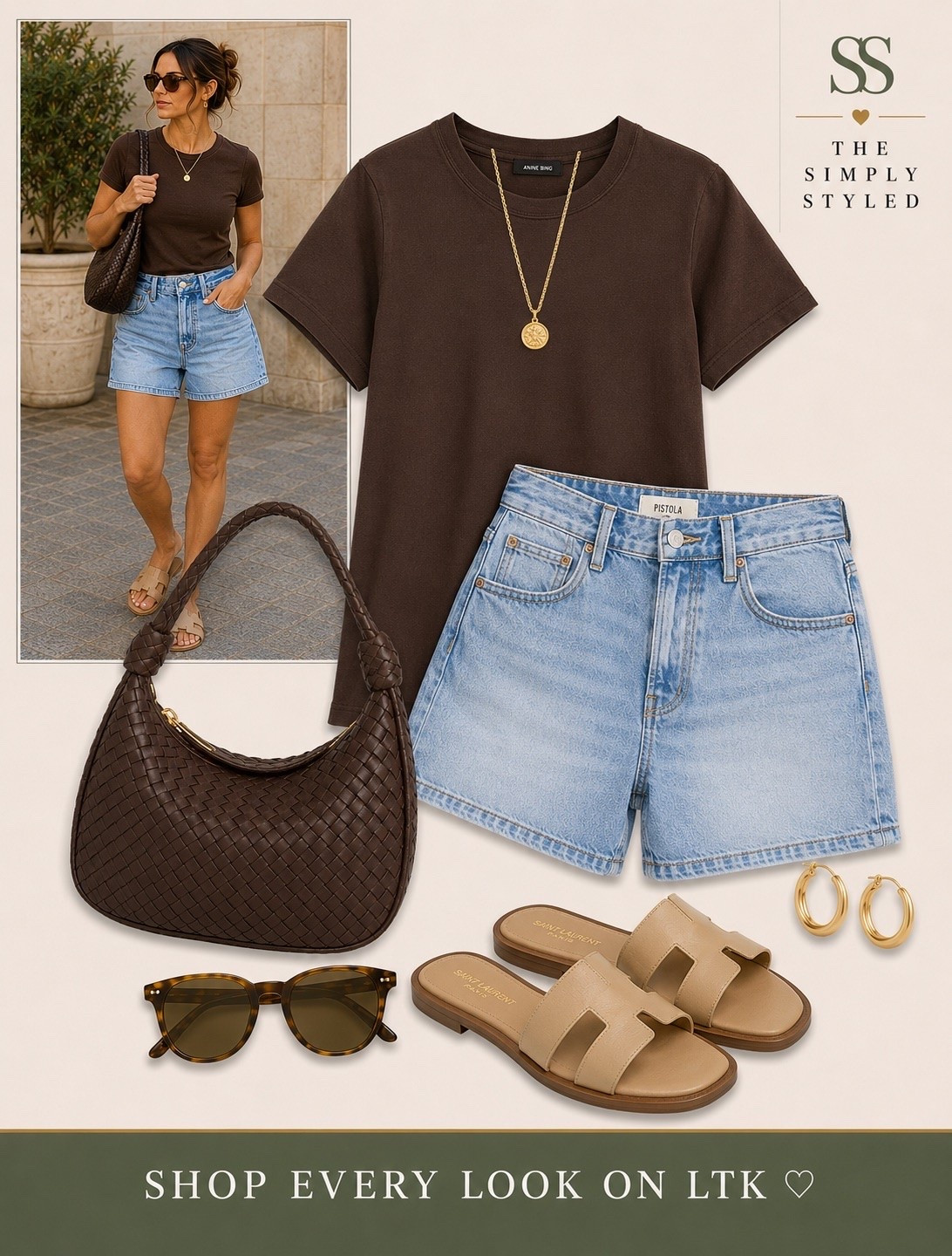 The casual summer outfit I keep reaching for 🤎

Featuring a chocolate brown fitted tee, light wash denim shorts, woven shoulder bag, neutral slide sandals, gold hoop earrings, and tortoise sunglasses.

Perfect for summer errands, coffee runs, vacation days, casual weekends, and effortless capsule wardrobe style.

Shop the complete look on LTK ♡

#LTKootd