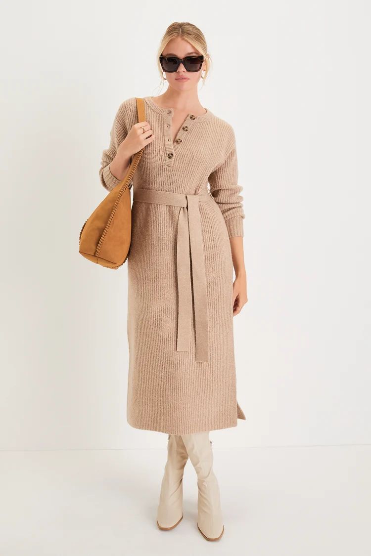 Snuggly Aesthetic Beige Long Sleeve Henley Sweater Midi Dress | Lulus (US)