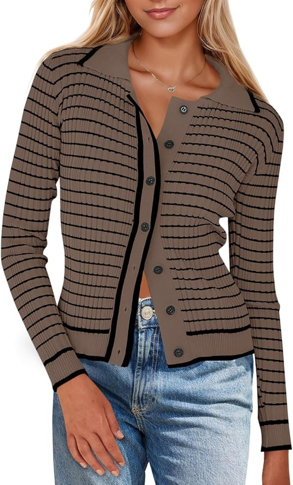 Saodimallsu Womens Striped Cardigan Collared Button Down Long Sleeve Open Front Ribbed Fitted Swe... | Amazon (US)