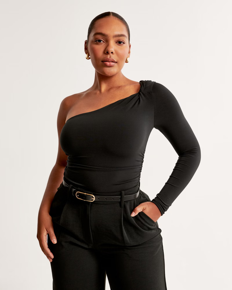 Women's Long-Sleeve One-Shoulder Twist Ruched Bodysuit | Women's Tops | Abercrombie.com | Abercrombie & Fitch (US)