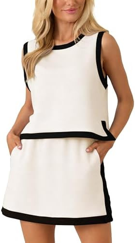 Womens 2 Piece Skirt Set Summer Color Block Sleeveless Crop Top Elastic Waist Skirt Lounge Set Ou... | Amazon (US)