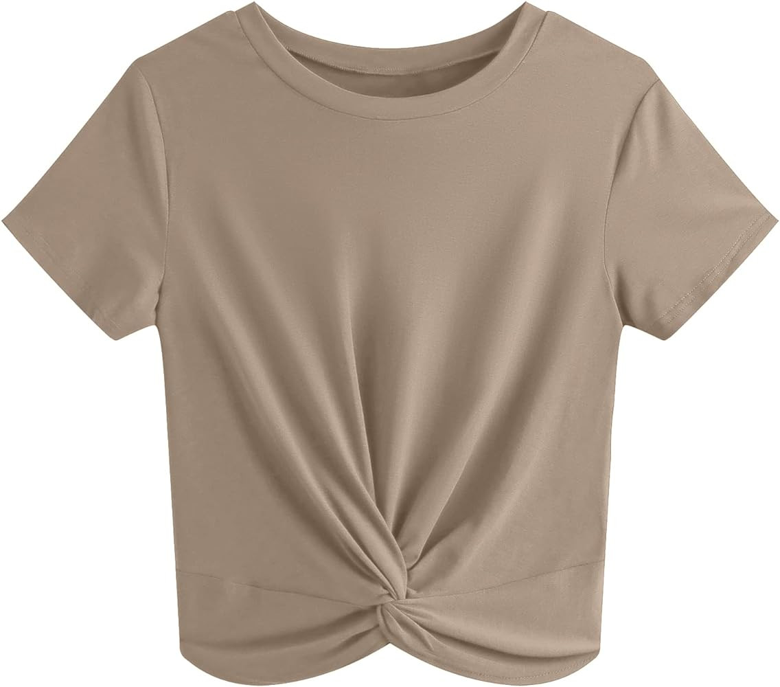 JINKESI Women's Summer Causal Short Sleeve Blouse Round Neck Crop Tops Twist Front Tee T-Shirt | Amazon (US)