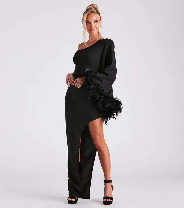 Vivian One-Shoulder Feather Trim Formal Dress | Windsor Stores