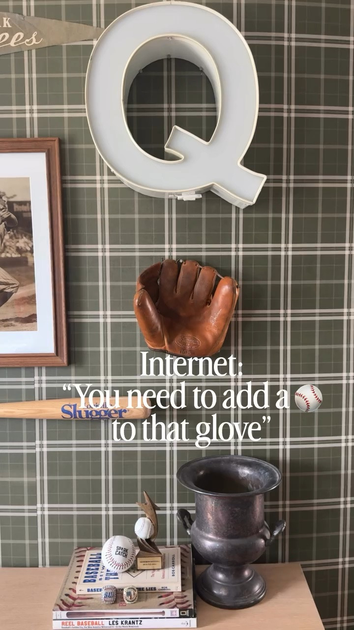 Follow + Comment MAGIC for the link! I got so many comments last week on Q’s vintage glove needing a baseball in it and the internet was right! I tried months ago and it was a command strip fail, but I had a follower recommend this magic putty! I also used it on some picture frames to keep them into place!. Boys bedroom, baseball bedroom, plaid wallpaper, vintage baseball decor, New York Yankees, Ralph Lauren bedroom inspiration.  #boysbedroom #baseballbedroom #vintagefinds #ralphlaurenstyle #gallerywallinspo