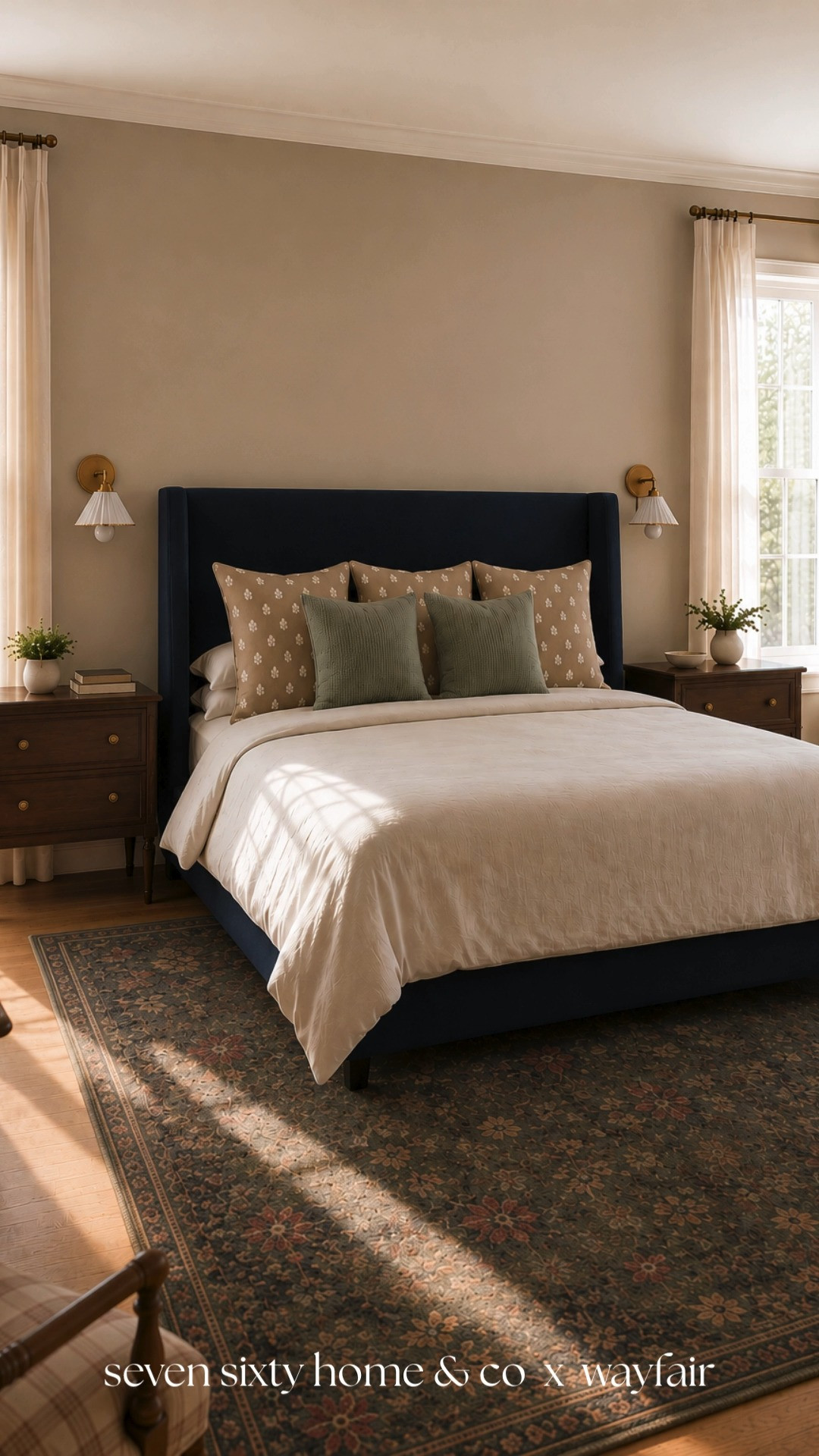 Collected cottage bedroom inspiration, all sourced from Wayfair. This cozy primary bedroom combines a navy upholstered bed, warm wood furniture, layered neutral bedding, vintage inspired rugs, and timeless traditional styling for a space that feels warm, classic, and beautifully lived in. Perfect for anyone searching cottage bedroom decor, heritage inspired interiors, cozy primary bedroom ideas, traditional home styling, and timeless Wayfair bedroom finds.
 

 #LTKHome