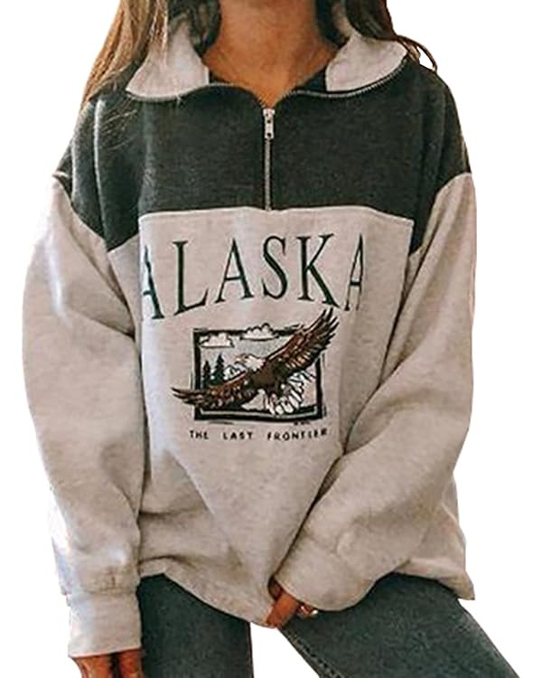 COOLMONAR Women Oversized Sweatshirt ALASKA Eagle Letter Collar Hoodie 1/4 Zipper Pullover Aesthe... | Amazon (US)