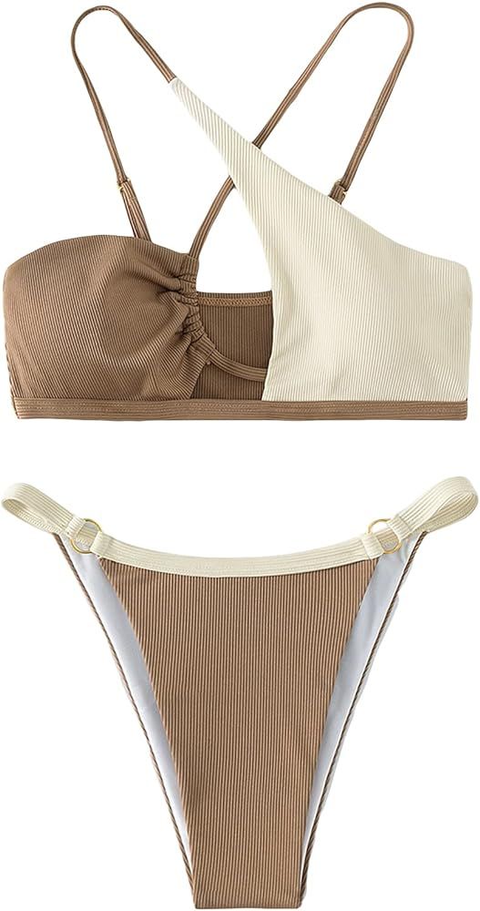 GORGLITTER Women's 2 Piece Bikini Set Color Block Ring Linked Swimsuit Set String Thong Bathing S... | Amazon (US)