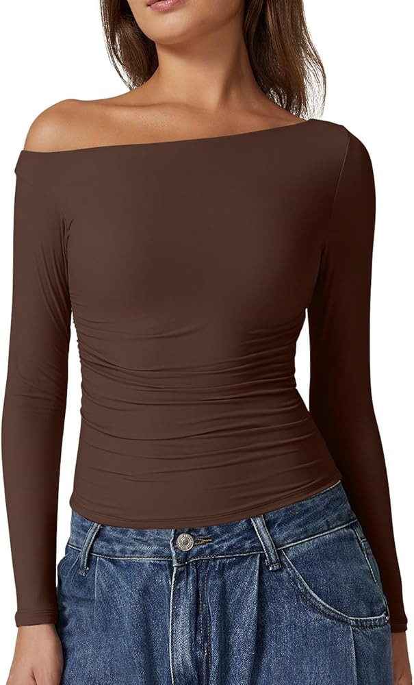 QINSEN Women's Sexy Off Shoulder Shirt Long Sleeve Double Lined Tops Side Ruched Fitted Tees | Amazon (US)