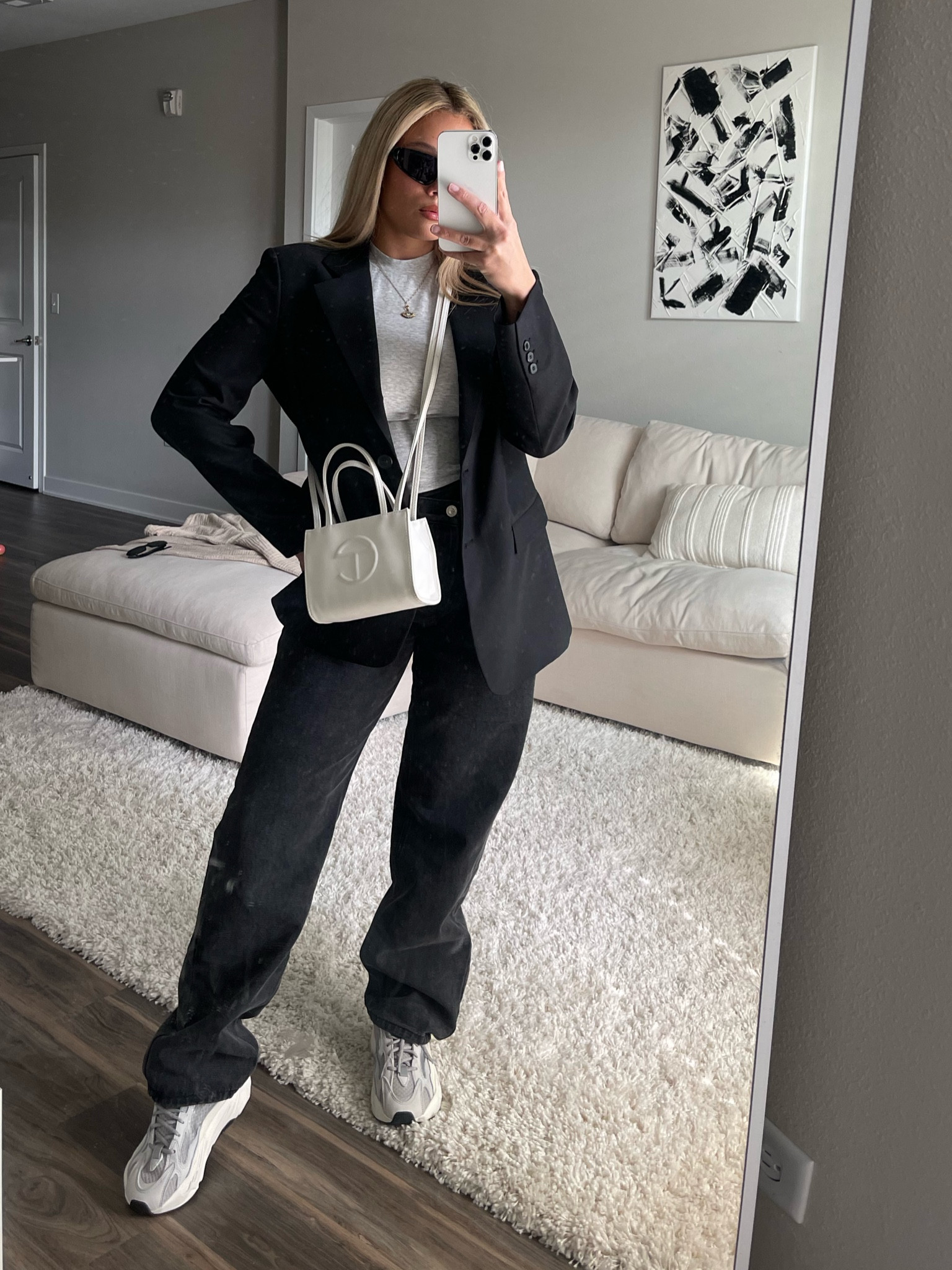 Black blazer outfit. Chic outfit. Street style outfit. Hm blazer. Yeezy 700 outfit. Minimal outfit. Fits under 100. Neutral outfits. Fall outfit. Autum outfit inspo. 

#LTKfit #LTKitbag