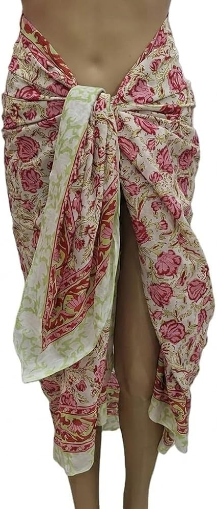 100% Cotton Hand Block Print Pareo Sarong Swimsuit Wrap Skirt Cover Up Long Women\u2019s Apparel ... | Amazon (US)
