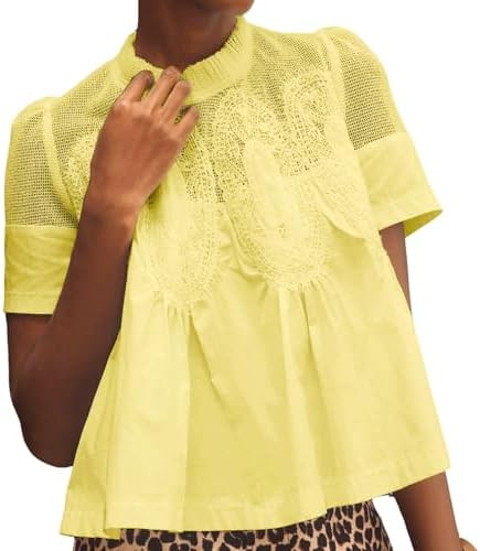 VAOYIU Women Lace-Detail Flared Blouse Short-Sleeve Crew Neck Lace Poplin Mesh Swing Top Elegant ... | Amazon (US)