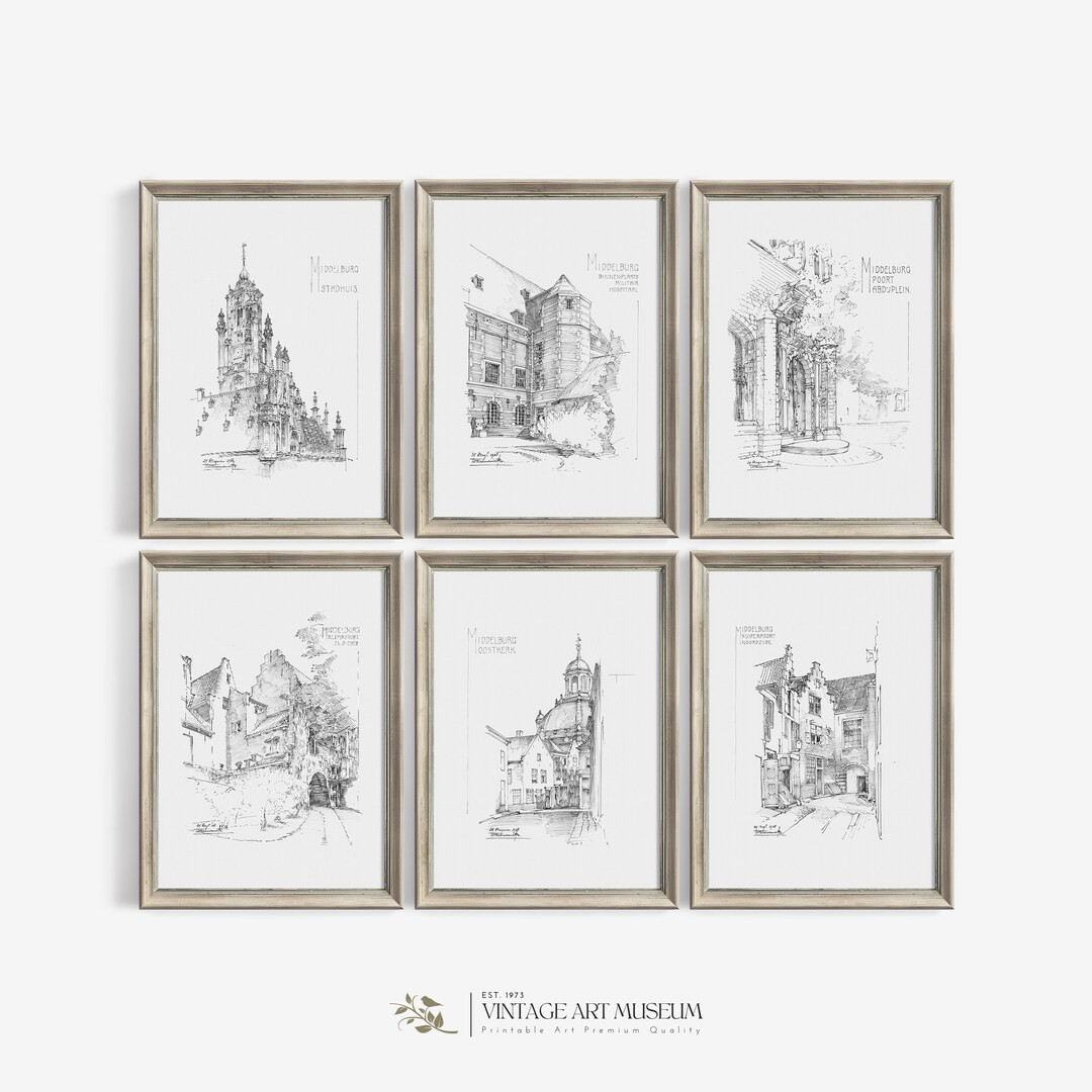 Vintage Architecture Sketch Art Gallery Wall Set of 6 Prints Antique Drawing French Country Decor... | Etsy (US)