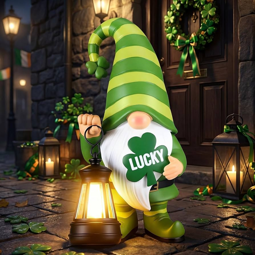 Retisee Solar St. Patrick's Day Garden Statue Resin Gnome Statue with Shamrock LED Lights Outdoor... | Amazon (US)