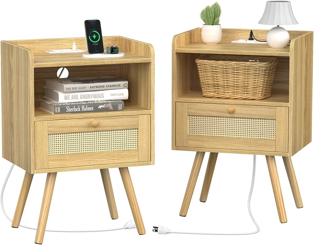 SUPERJARE Nightstands Set of 2, Rattan Nightstands with Charging Station & PE Rattan Decor Drawer... | Amazon (US)