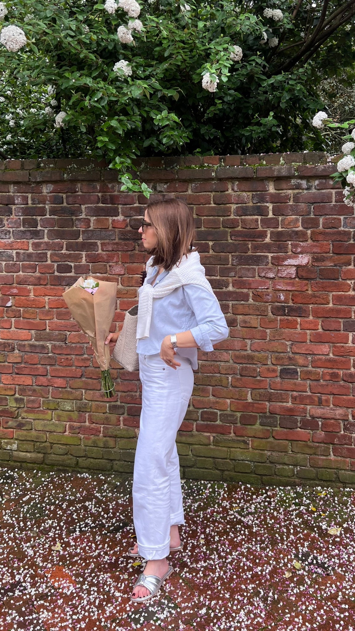 All white outfit for spring 

Agolde Fran White Denim
Silver slide sandals (linked similar)
Varley open knit pullover 
Madewell woven leather tote  

#LTKStyleTip #LTKSeasonal