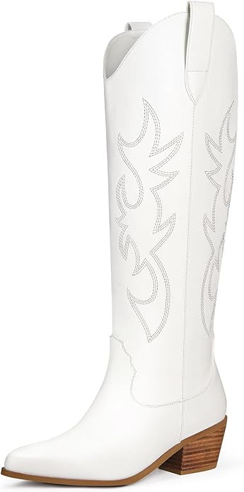 Ouepiano White Cowgirl Boots Women Cowboy Knee High Tall Boots Chunky Heel Pointed Toe Pull-On We... | Amazon (US)