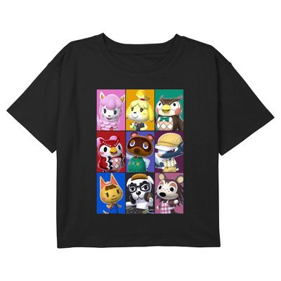 Girl's Nintendo Animal Crossing Character Grid Graphic Graphic Cropped T-Shirt - Black - Large | Target