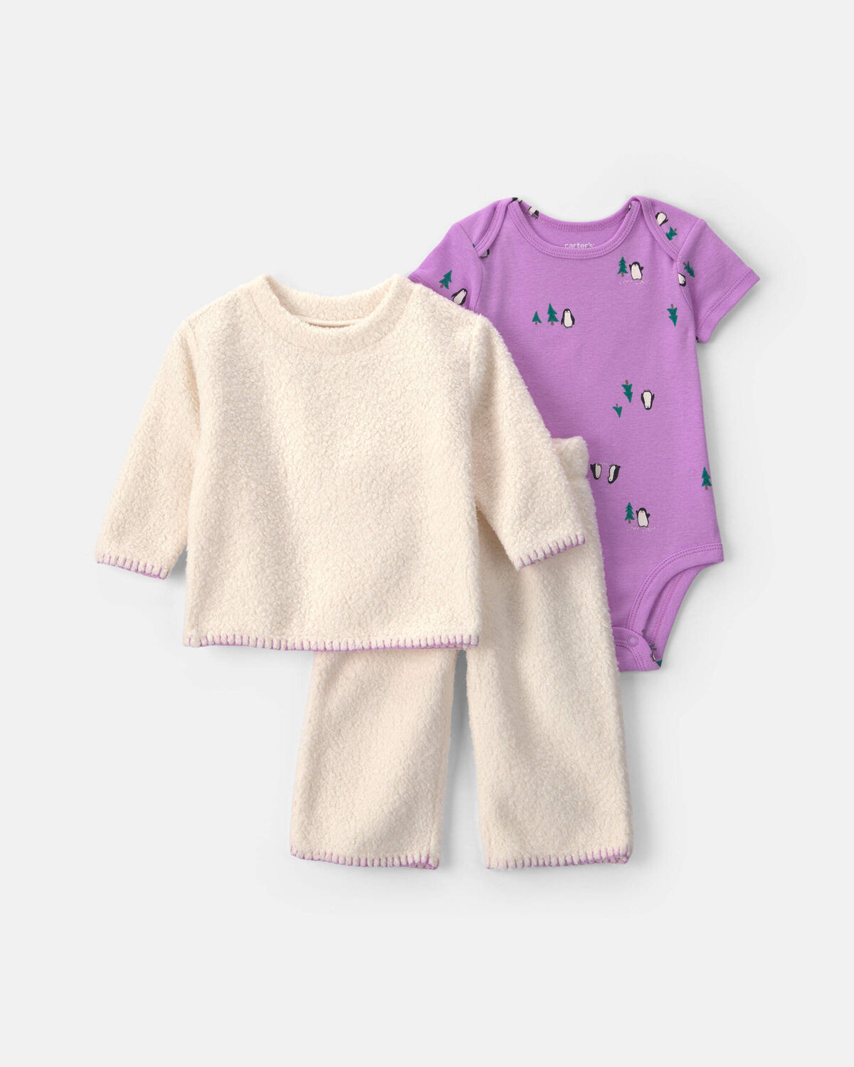 Baby Girl 3-Piece Fleece Long-Sleeve Layering Set - Cream/Purple | Carter's Inc