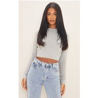 Tall Grey Cropped Rib Knit Longsleeve Jumper, Grey | PrettyLittleThing IE