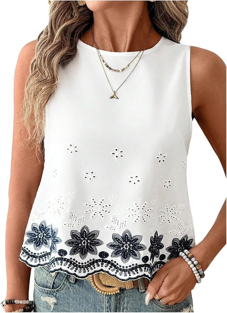 SweatyRocks Women's Sleeveless Boho Eyelet Tank Top Floral Embroidery Casual Summer Vacation Tops | Amazon (US)
