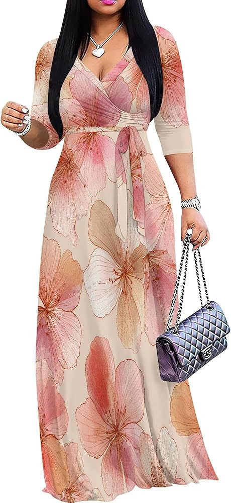Plus Size Dresses for Women Floral Print Maxi Dress Flowy 3/4 Sleeve with Belt | Amazon (US)