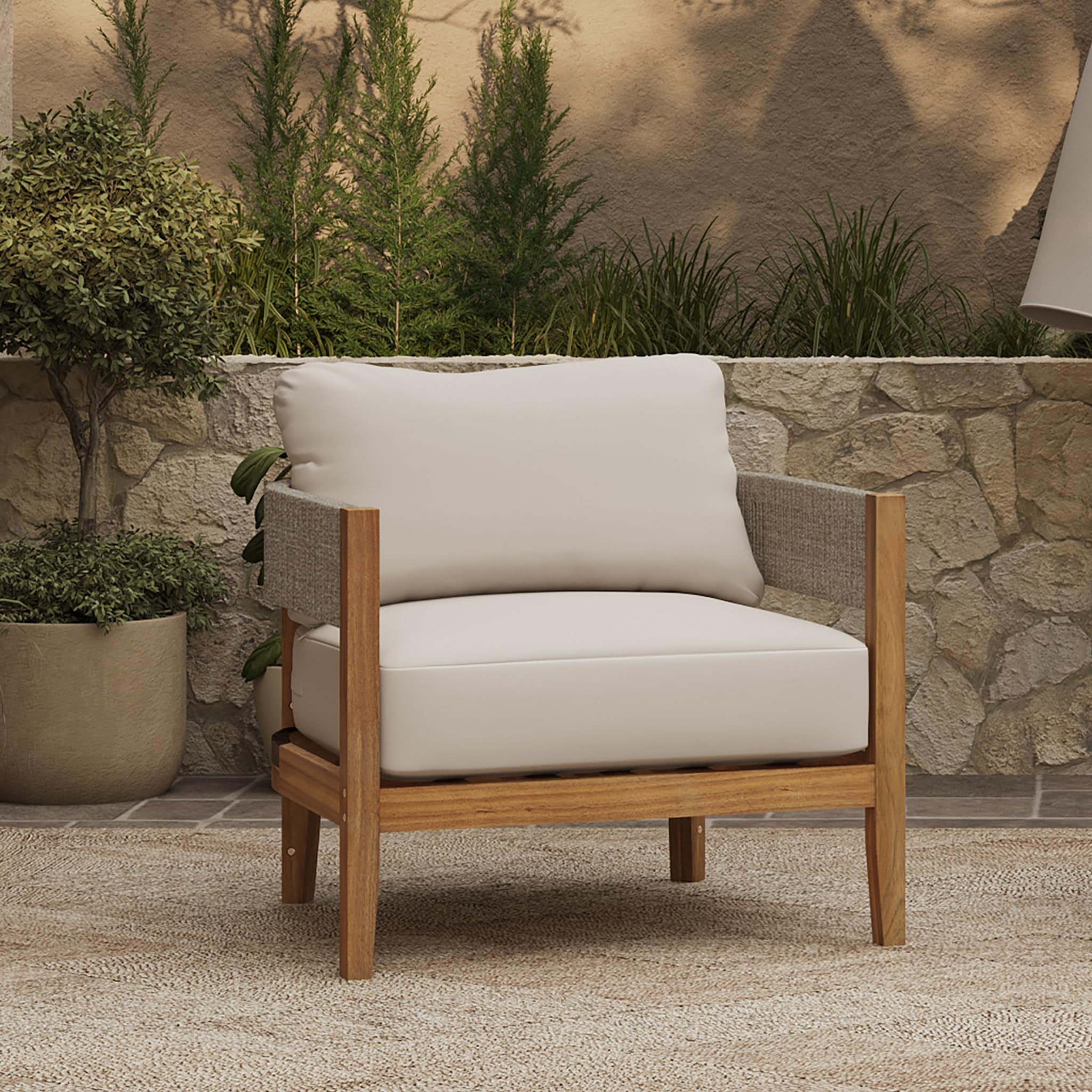 LuxenHome Outdoor Patio Chair, Acacia Wood with Rope Sides Club Armchair with Cushions, Wooden Lo... | Amazon (US)