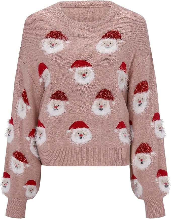 Women's Christmas Sweater - Fuzzy Santa Head Embellished Holiday Knit Sweater Long Sleeve Crew Ne... | Amazon (US)