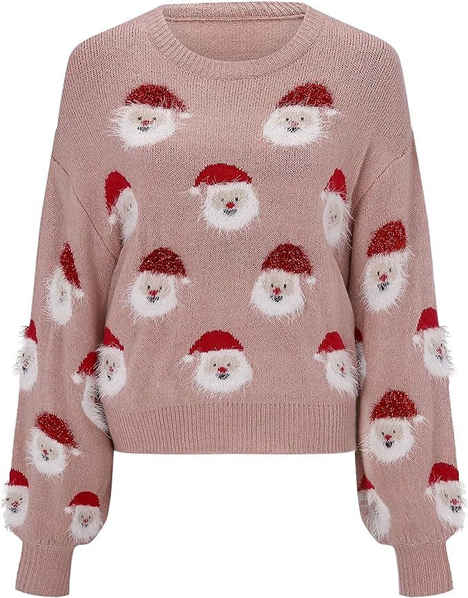 Women's Christmas Sweater - Fuzzy Santa Head Embellished Holiday Knit Sweater Long Sleeve Crew Ne... | Amazon (US)