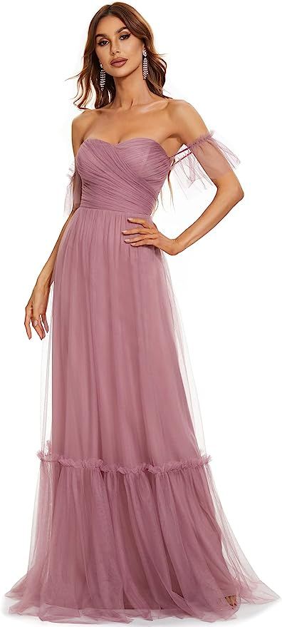 Ever-Pretty Women's Off-Shoulder Long Ruched Tulle Evening Dresses 50126 | Amazon (US)